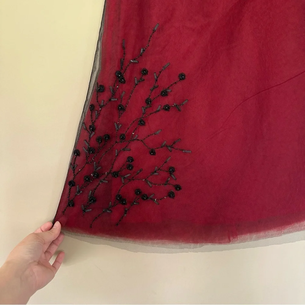 NWT Whimsigoth Skirt Y2K Women 10 Beaded Red Black Tulle Aline Dark Fairy Silk